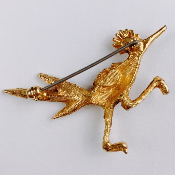 VTG Mid Century Roadrunner Brooch Gold Tone Bird Pin Turquoise Eye Figural - Picture 5 of 8